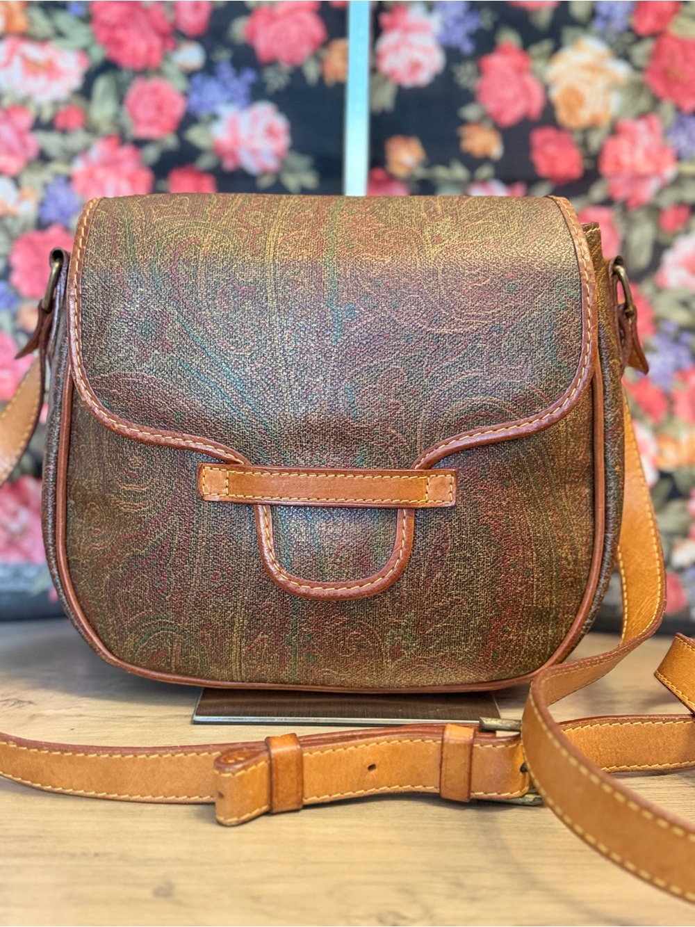 Etro Brown Paisley Crossbody with Tan Leather Trim